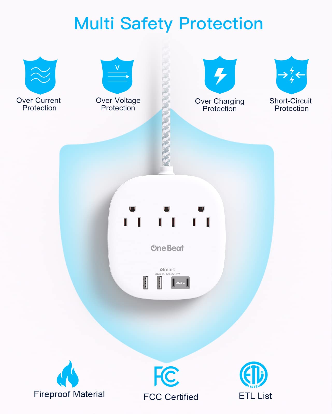 Flat Plug Power Strip, 5ft Ultra Flat Extension Cord - 3 Outlets 4 USB Ports (2 USB C) 22.5W/4.5A Desktop Charging Station, No Surge Protection for Cruise Ship, Dorm Room Travel Essentials